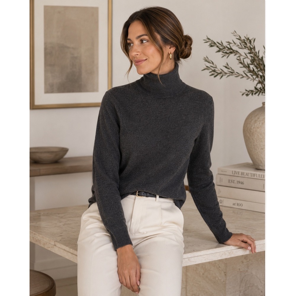 Lord & Taylor Cashmere Turtleneck Sweater Charcoal Gray M Old Money Minimalist